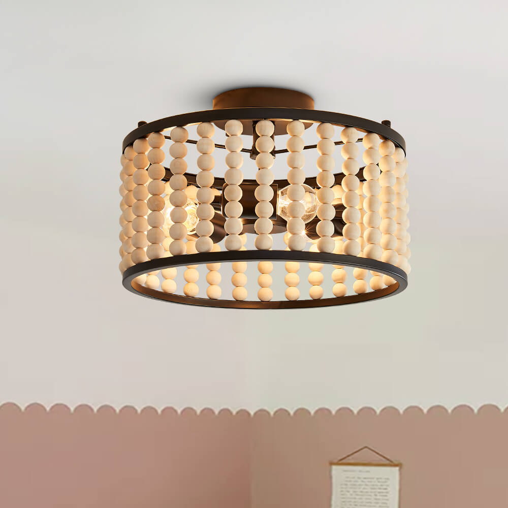3 Light Wood Beaded Round Semi Flush Mount – Thehouselights