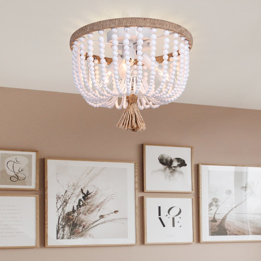 Neechicx Farmhouse Wood Bead Chandelier - 3-Light Flush Mount, Boho Vintage Ceiling Light For Entryway, Bedroom (Black/Gold) - View #10