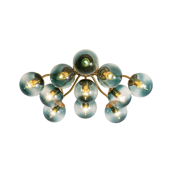 Brass Blue Glass Sputnik Bubble Semi Flush Chandelier