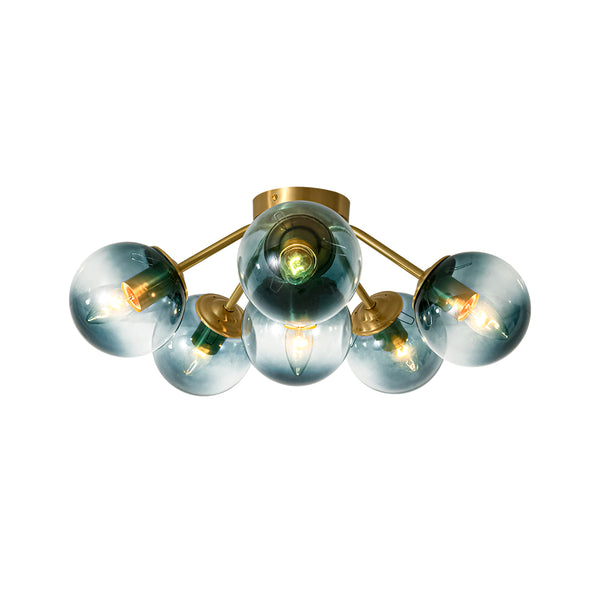 Brass Blue Glass Sputnik Bubble Semi Flush Chandelier