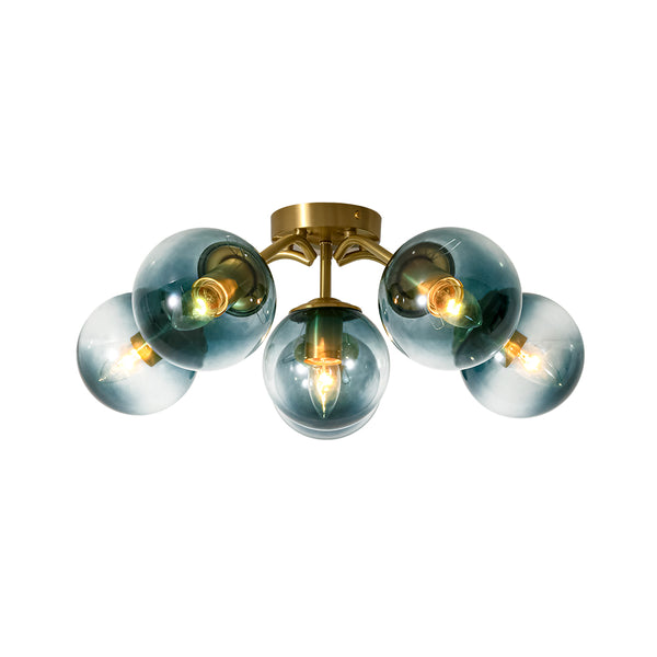 Brass Blue Glass Sputnik Bubble Semi Flush Chandelier