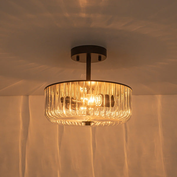 2-Light Black Ribbed Glass Semi Flush Mount