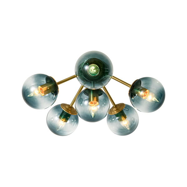 Brass Blue Glass Sputnik Bubble Semi Flush Chandelier