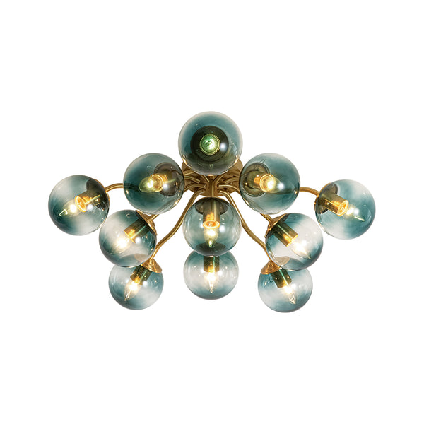 Brass Blue Glass Sputnik Bubble Semi Flush Chandelier