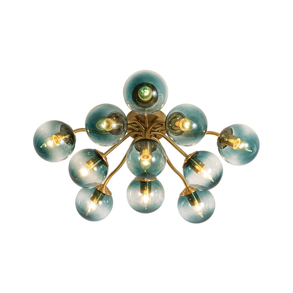 Brass Blue Glass Sputnik Bubble Semi Flush Chandelier