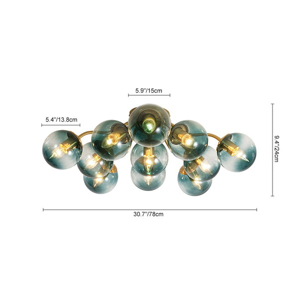 Brass Blue Glass Sputnik Bubble Semi Flush Chandelier