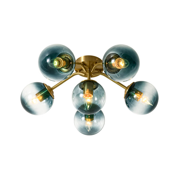 Brass Blue Glass Sputnik Bubble Semi Flush Chandelier