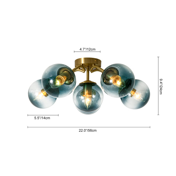 Brass Blue Glass Sputnik Bubble Semi Flush Chandelier
