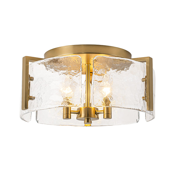 3-Light Textured Glass Brass Drum Semi Flush Mount