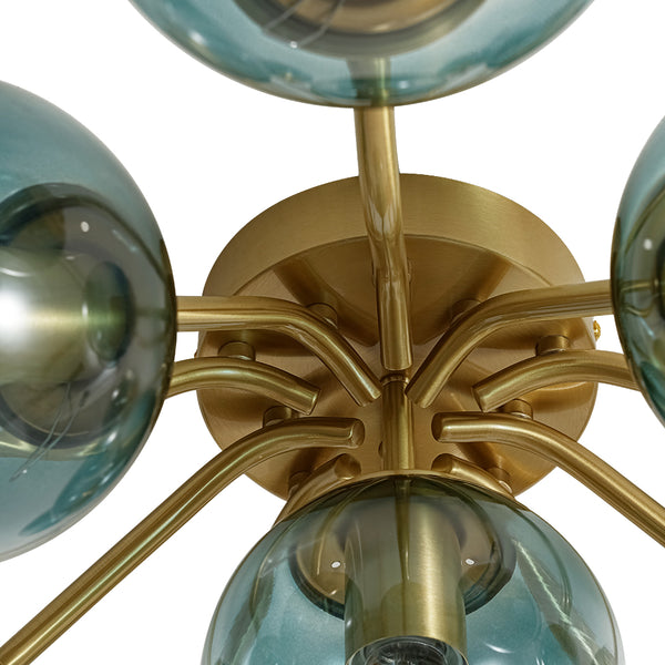 Brass Blue Glass Sputnik Bubble Semi Flush Chandelier