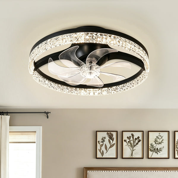 Dimmable Bedroom Crystal Glass Flush Mount Ceiling Fan with Light