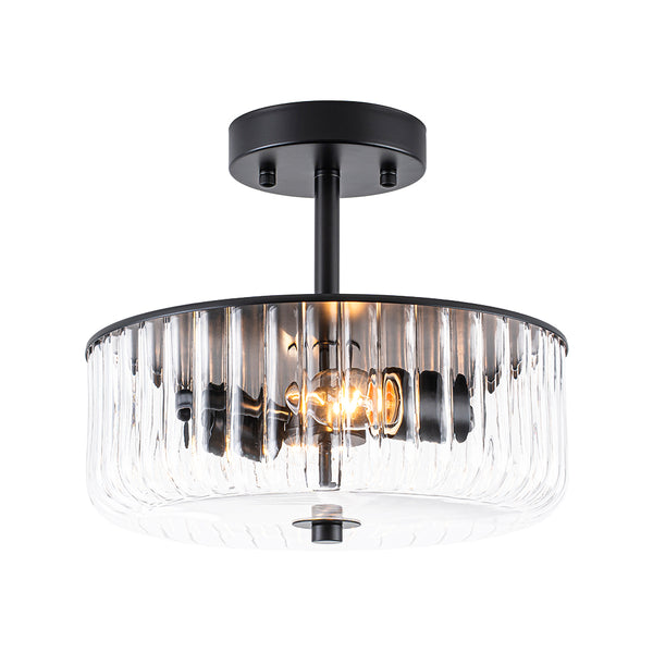 2-Light Black Ribbed Glass Semi Flush Mount