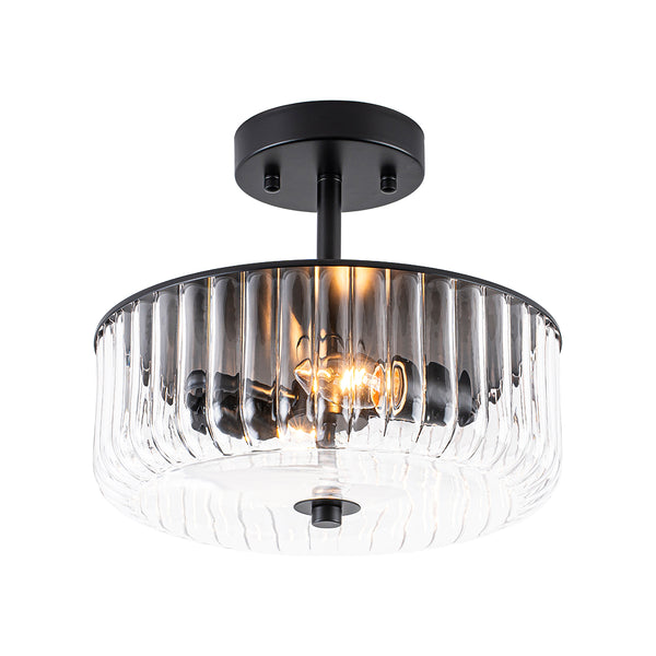 2-Light Black Ribbed Glass Semi Flush Mount