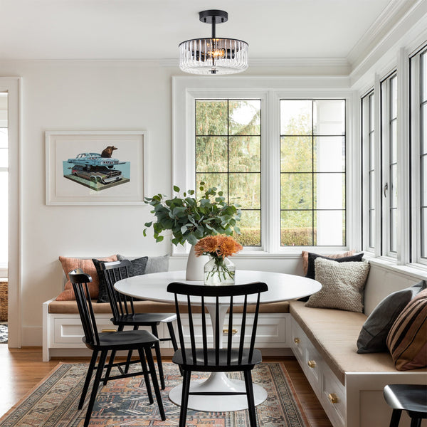 2-Light Black Ribbed Glass Semi Flush Mount