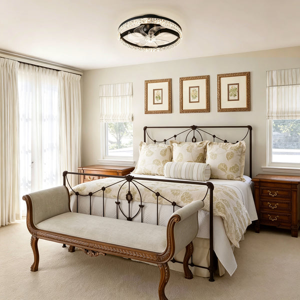 Dimmable Bedroom Crystal Glass Flush Mount Ceiling Fan with Light