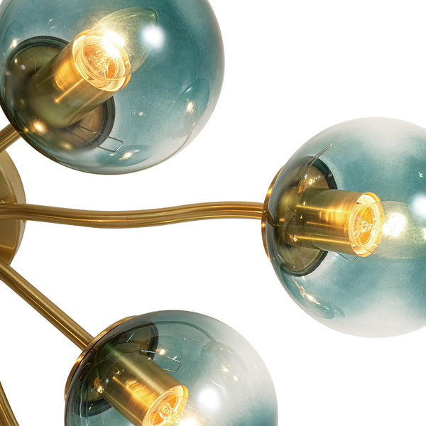Brass Blue Glass Sputnik Bubble Semi Flush Chandelier