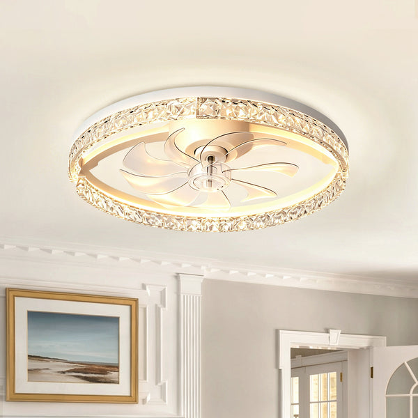 Dimmable Bedroom Crystal Glass Flush Mount Ceiling Fan with Light