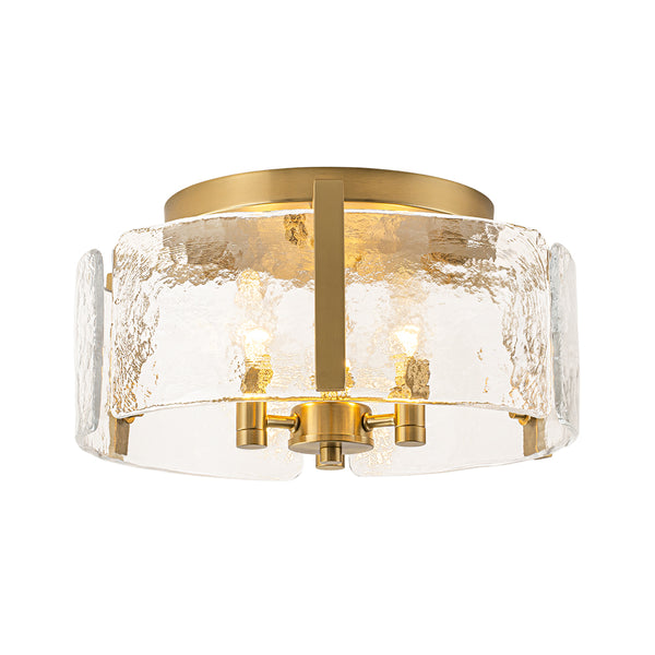 3-Light Textured Glass Brass Drum Semi Flush Mount