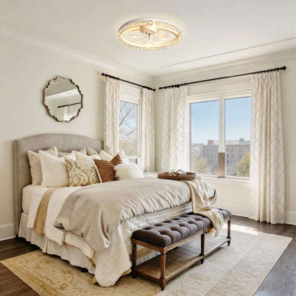 Dimmable Bedroom Crystal Glass Flush Mount Ceiling Fan with Light