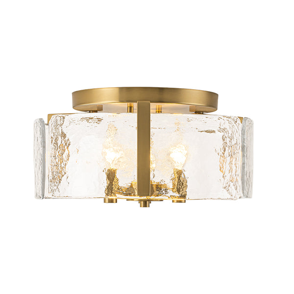 3-Light Textured Glass Brass Drum Semi Flush Mount