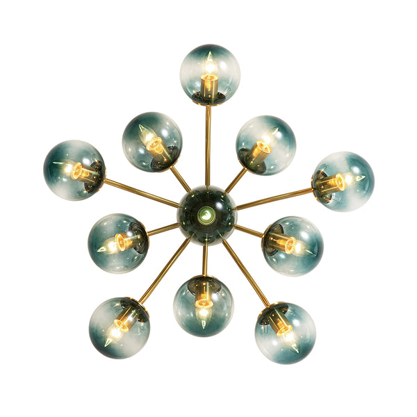 Brass Blue Glass Sputnik Bubble Semi Flush Chandelier