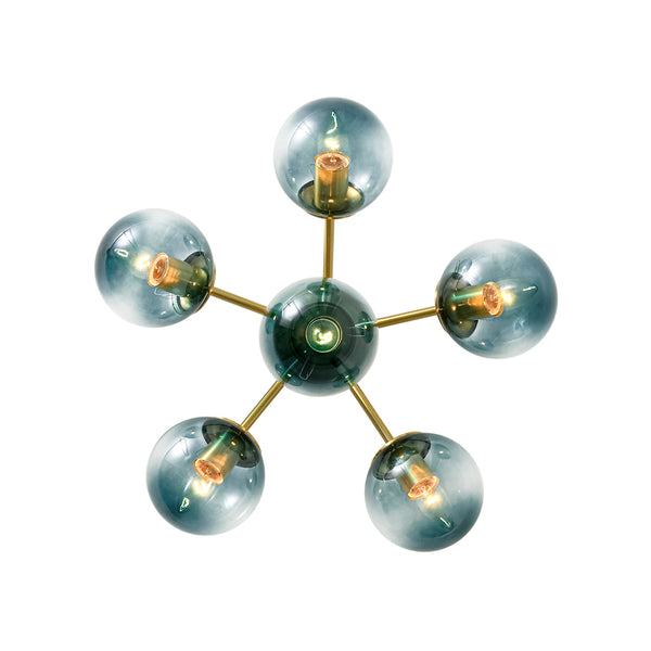 Brass Blue Glass Sputnik Bubble Semi Flush Chandelier