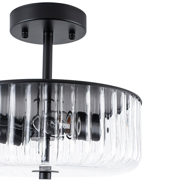 2-Light Black Ribbed Glass Semi Flush Mount