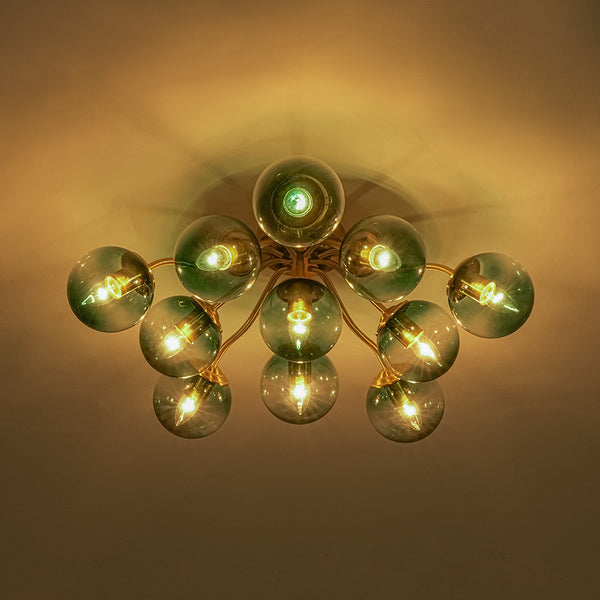 Brass Blue Glass Sputnik Bubble Semi Flush Chandelier