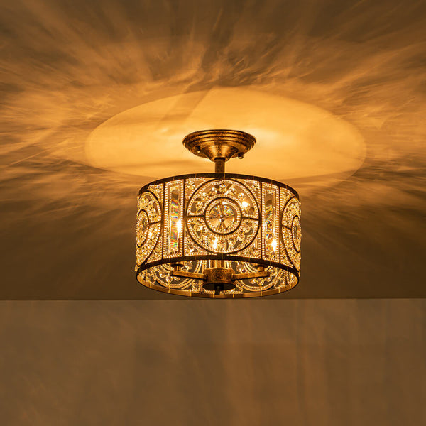 3-Light Crystal Drum Flush Mount Chandelier