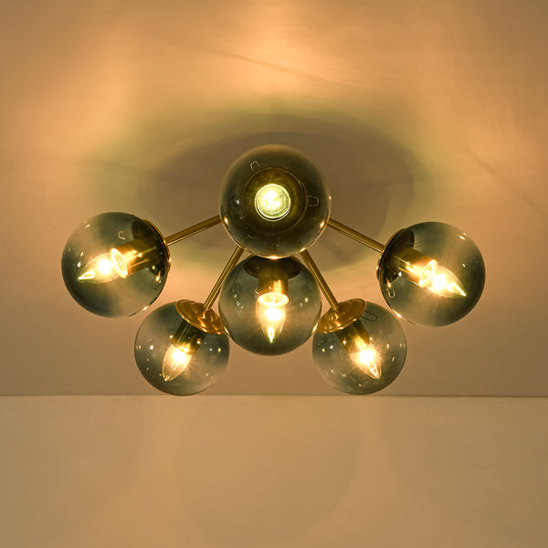 Brass Blue Glass Sputnik Bubble Semi Flush Chandelier