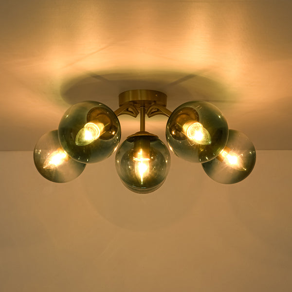 Brass Blue Glass Sputnik Bubble Semi Flush Chandelier