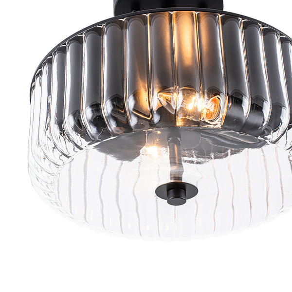 2-Light Black Ribbed Glass Semi Flush Mount