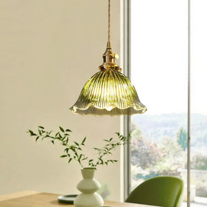 Thehouselights-1-Light Lotus Stripe Glass Pendant Light-Pendant-Green-