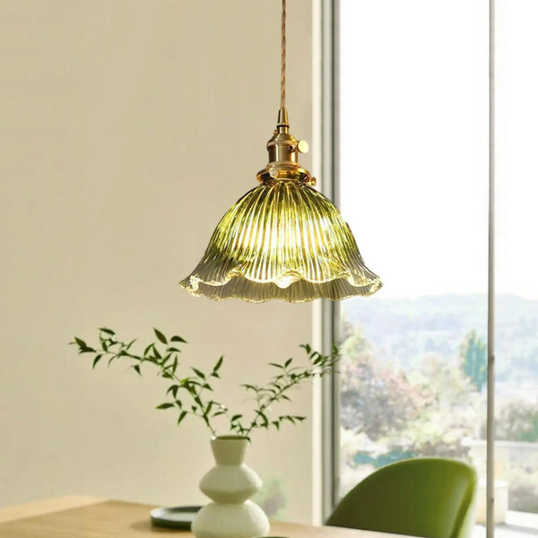 Thehouselights-1-Light Lotus Stripe Glass Pendant Light-Pendant-Green-