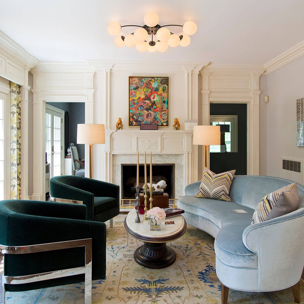 12-Light Black Opal Glass Sputnik Semi Flush Chandelier | Living Room ...