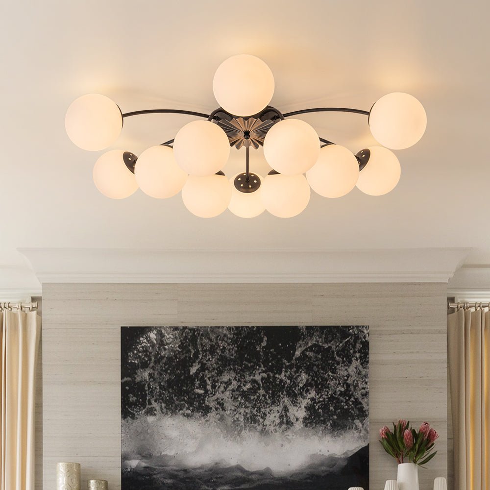12-Light Black Opal Glass Sputnik Semi Flush Chandelier | Living Room ...
