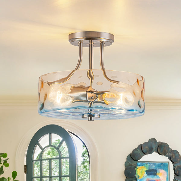 Thehouselights-2-Light Hammer Glass Semi Flush Mount-Flush Mount-Gradient Blue & Orange-