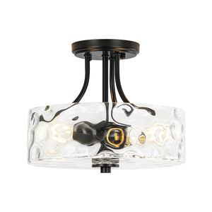 Thehouselights-2-Light Hammered Glass Semi Flush Mount-Flush Mount-Black-