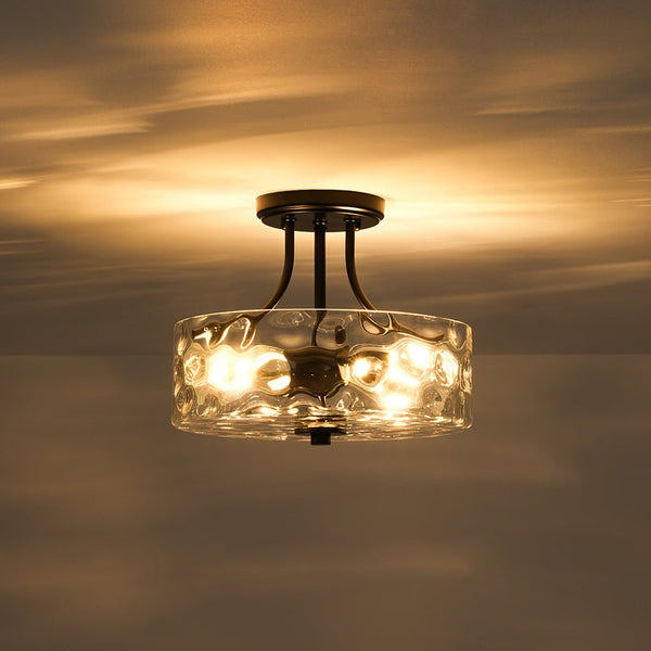 Thehouselights-2-Light Hammered Glass Semi Flush Mount-Flush Mount-Brass-