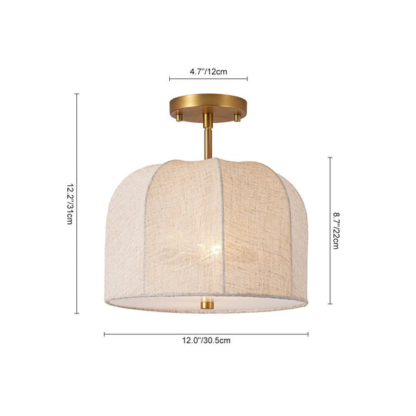 Thehouselights-2-Light Linen Dome Semi Flush Mount-Ceiling Light-Brass-
