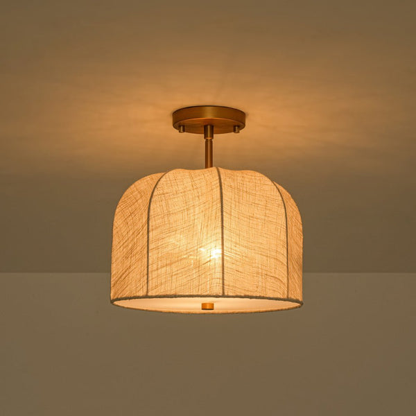 Thehouselights-2-Light Linen Dome Semi Flush Mount-Ceiling Light-Brass-