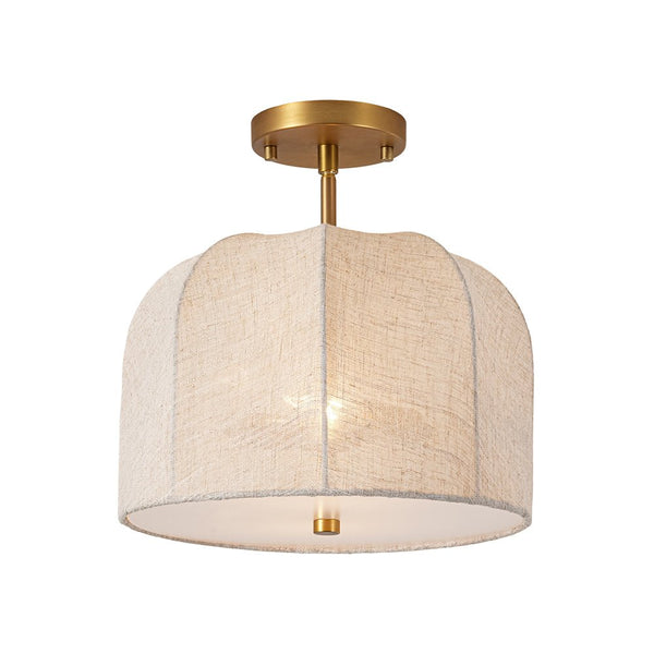Thehouselights-2-Light Linen Dome Semi Flush Mount-Ceiling Light-Brass-