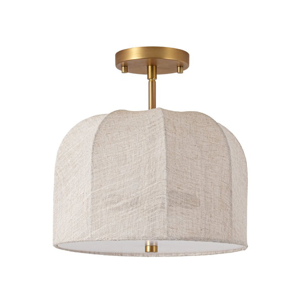 Thehouselights-2-Light Linen Dome Semi Flush Mount-Ceiling Light-Brass-