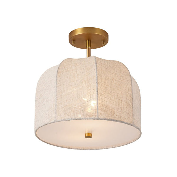 Thehouselights-2-Light Linen Dome Semi Flush Mount-Ceiling Light-Brass-