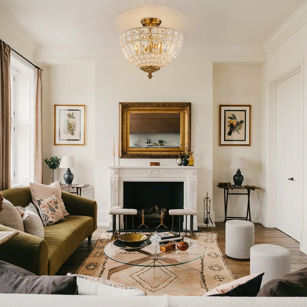 Thehouselights - 3 - Light Brass Crystal Crystal Glass Flush Mount Chandelier - Ceiling Light - Brass - 