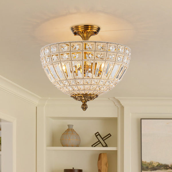 Thehouselights - 3 - Light Brass Crystal Crystal Glass Flush Mount Chandelier - Ceiling Light - Brass - 