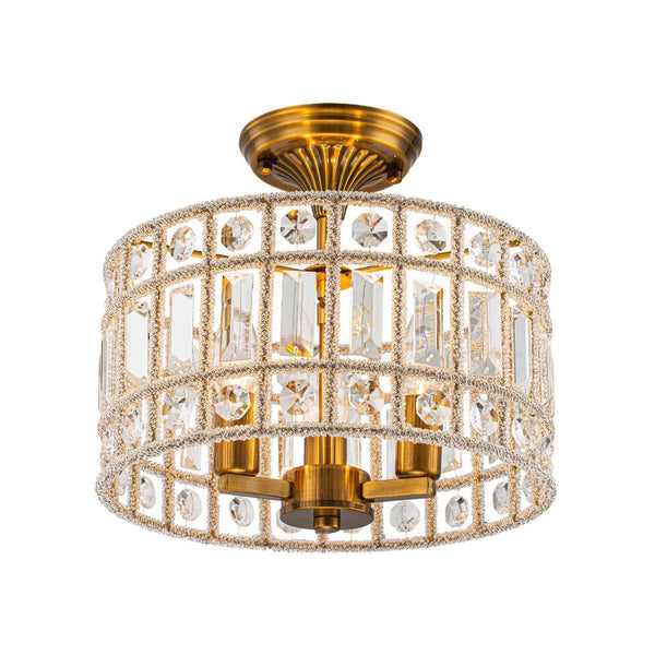 Thehouselights - 3 - Light Brass Crystal Drum Flush Mount Chandelier - Ceiling Light - Brass - 