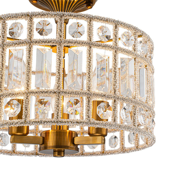 Thehouselights - 3 - Light Brass Crystal Drum Flush Mount Chandelier - Ceiling Light - Brass - 