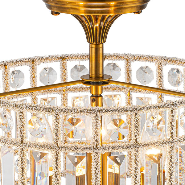 Thehouselights - 3 - Light Brass Crystal Drum Flush Mount Chandelier - Ceiling Light - Brass - 