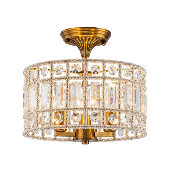 Thehouselights - 3 - Light Brass Crystal Drum Flush Mount Chandelier - Ceiling Light - Brass - 